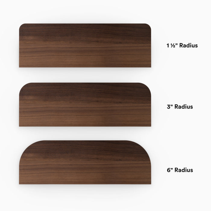 Clearance — Aksel RADius Walnut Shelf — 24" length x 10" depth x 1.75" thick showing three rounded edge radius options
