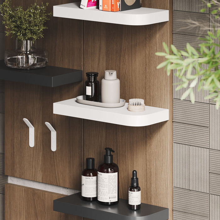 Aksel RADius White Floating Shelf with smooth round edges holding bathroom accessories on warm wood wall paneling
