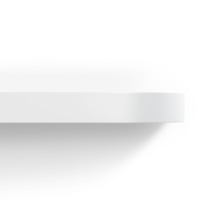 Aksel RADius White Floating Shelf close-up showing smooth round corners and minimalist hardwood shelf edge design