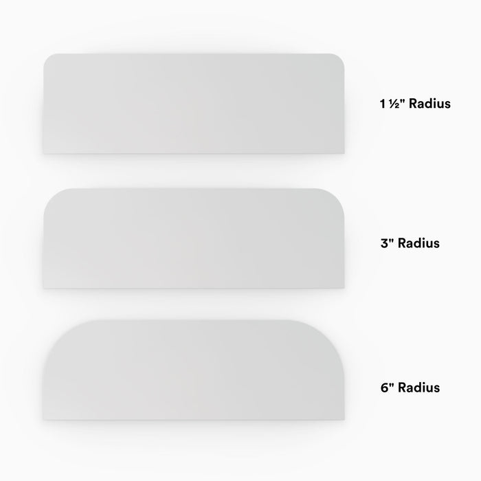 Aksel RADius White Floating Shelf showing three smooth rounded corner radius options for custom wall shelving design