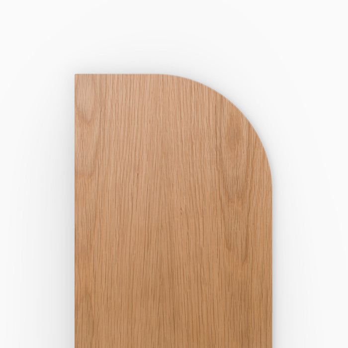 Aksel RADius White Oak Floating Shelf close-up showing smooth rounded top corner and natural wood grain texture