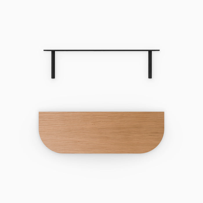 Aksel RADius White Oak Floating Shelf with minimalist black metal brackets and smooth rounded wood edges against white background