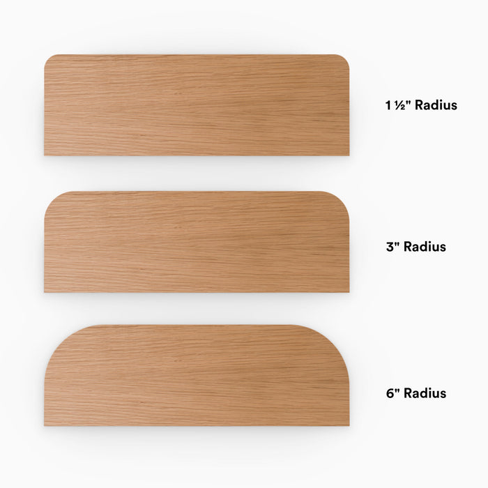 Aksel RADius White Oak Floating Shelf top view showing three smooth rounded corner radius style options in natural wood grain