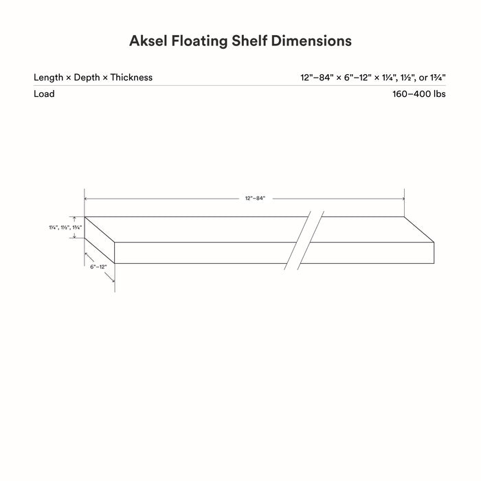 Line drawing showing dimensions of Aksel White Floating Shelf with length, depth, thickness, and load capacity details.