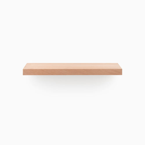 A sleek Aksel Unfinished Mahogany Floating wood shelf against white background for stylish wall display and organization.
