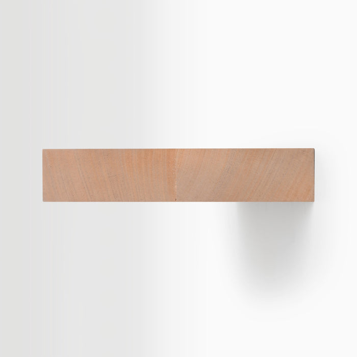 Aksel Unfinished Mahogany Floating shelf showing minimalist wood floating shelf design for wall display and organization.