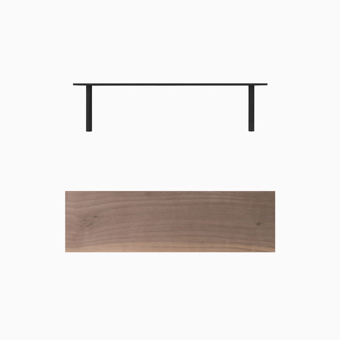 Aksel Unfinished Walnut Floating Shelf with black metal floating shelf brackets for minimalist wall shelf setup