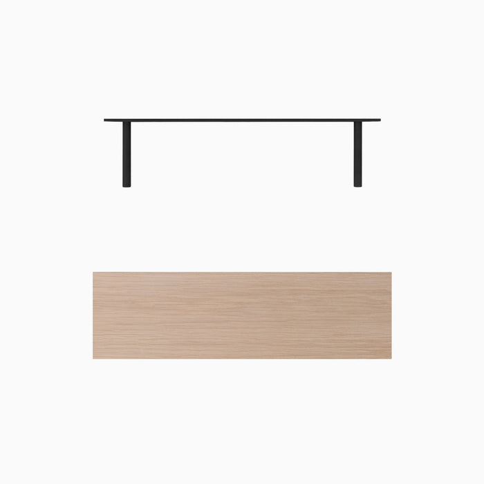 Aksel Unfinished White Oak Floating Shelf with black metal floating shelf brackets for sleek wall display and organization