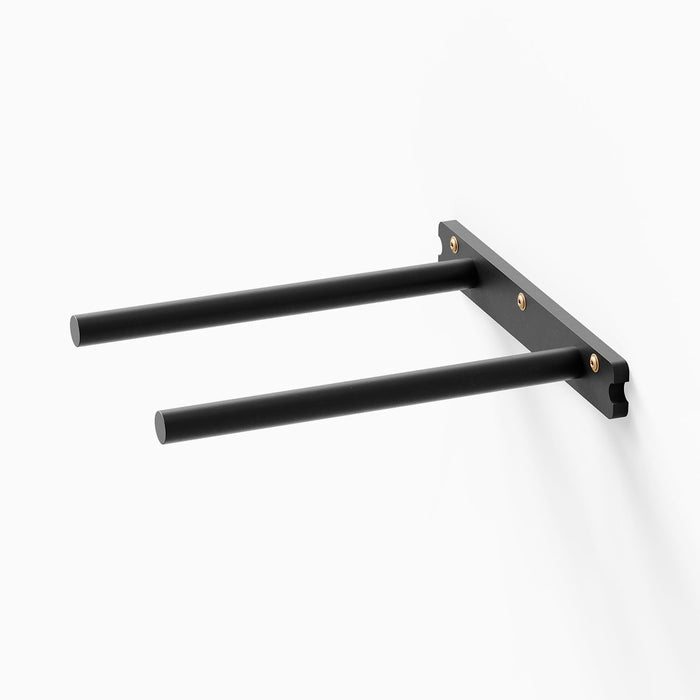 Aksel XD Floating Shelf Bracket in matte black steel with dual rods designed for extra deep floating shelf support by Shelfology