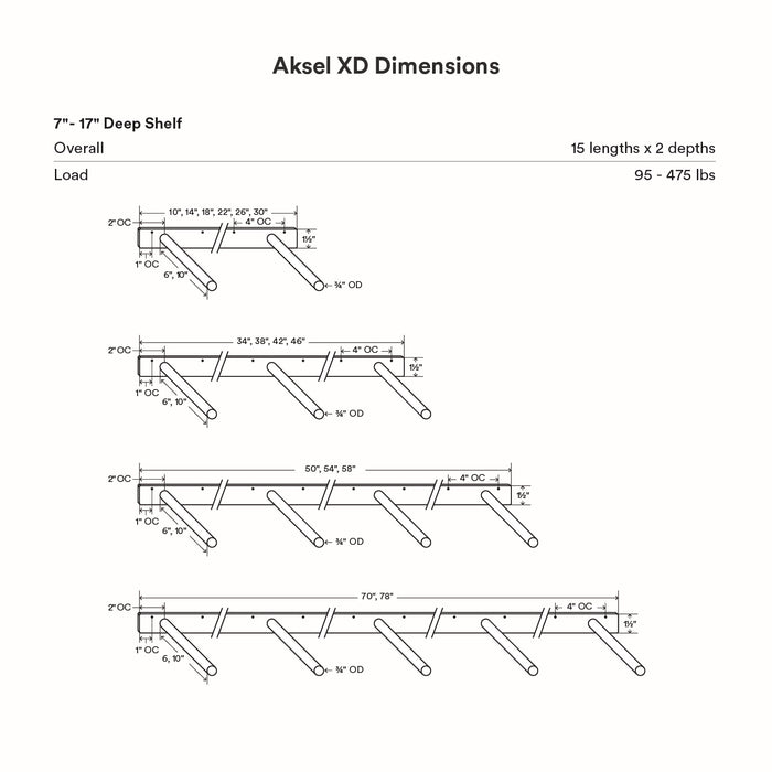 Aksel XD Floating Shelf Bracket detailed technical diagram showing multiple support rod configurations and shelf depth options