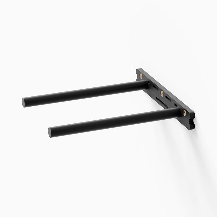 Aksel XD Floating Shelf Bracket in matte black steel with dual sturdy rods for supporting extra deep floating shelves by Shelfology