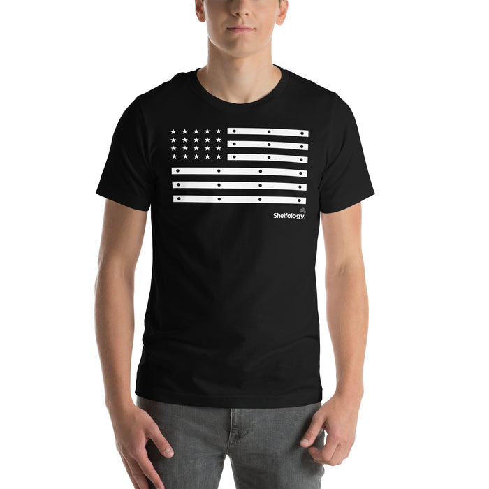 American Bracket T-shirt in black with a white flag graphic inspired by shelf brackets and hardware by Shelfology