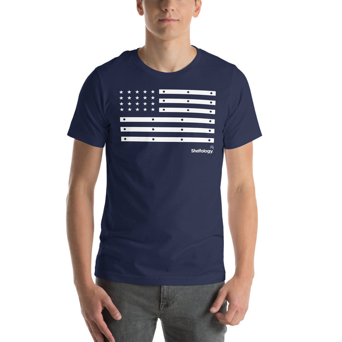 American Bracket T-shirt in navy with a white shelf bracket flag graphic and small Shelfology logo on front