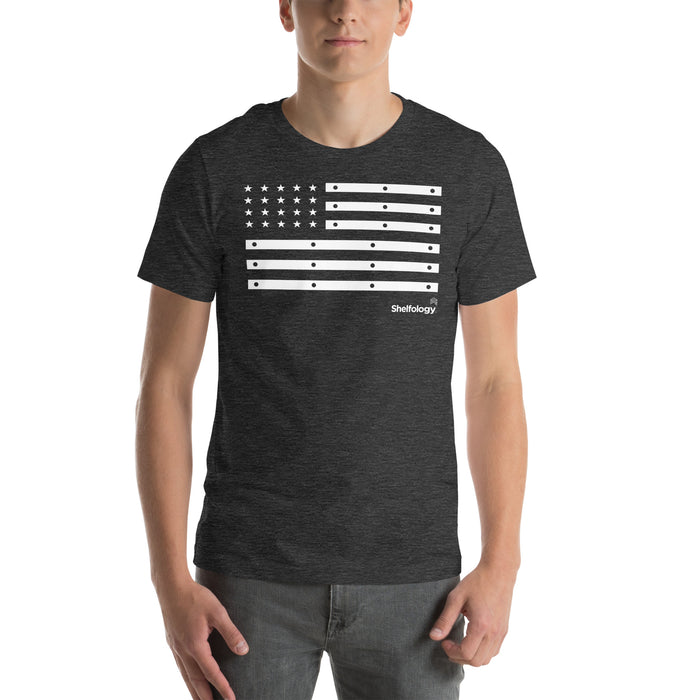 American Bracket T-shirt in dark grey heather featuring a white shelf bracket flag graphic with Shelfology logo