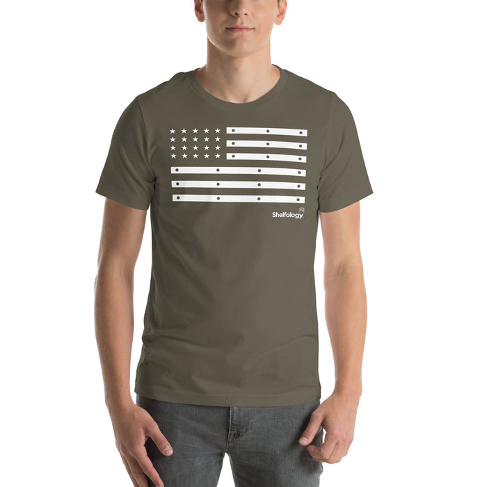American Bracket T-shirt in army green featuring a white American flag design made from shelf bracket graphics by Shelfology