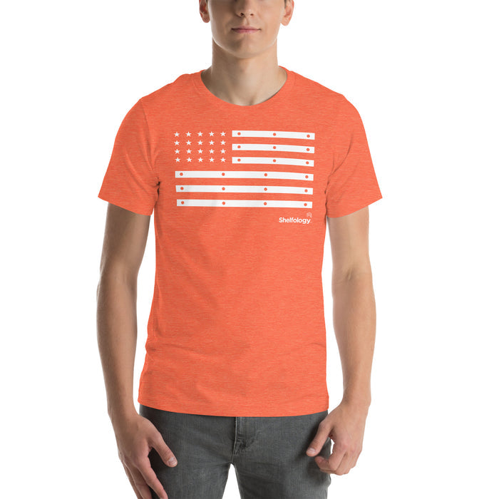 American Bracket T-shirt in heather orange featuring a white shelf bracket flag design and Shelfology branding