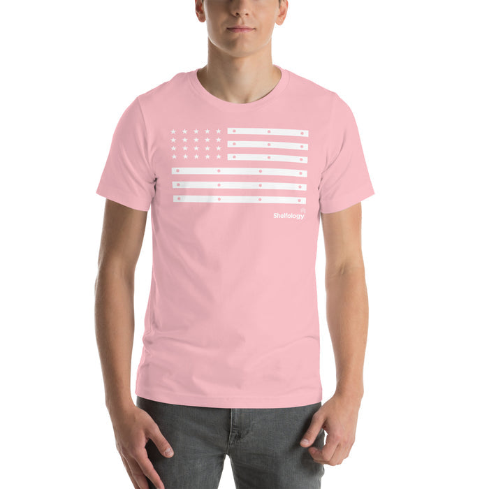American Bracket T-shirt in soft pink with a white stylized flag design made from shelf brackets and Shelfology logo