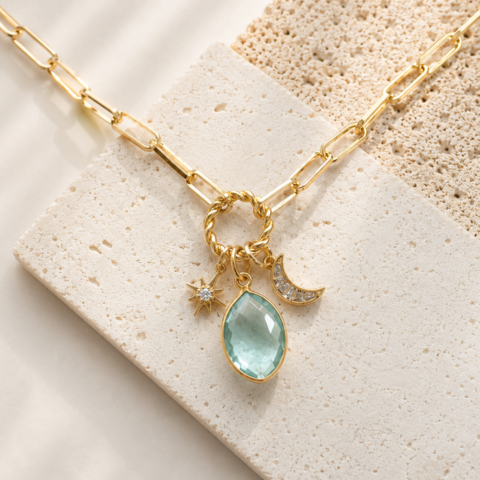 Aquamarine Quartz Moon and Star Necklace