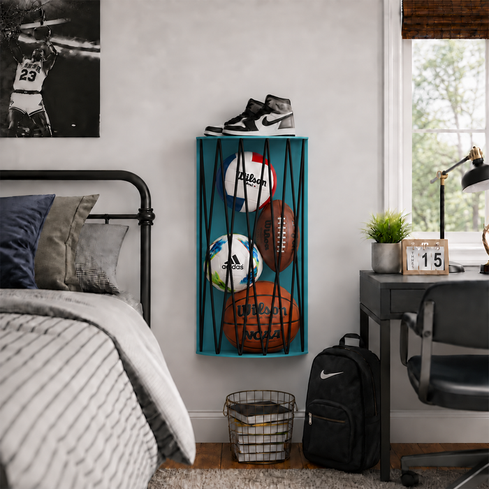 Ball Hog Basketball Shelf organizes basketballs soccer ball volleyball and sneakers as stylish wall display in a bedroom