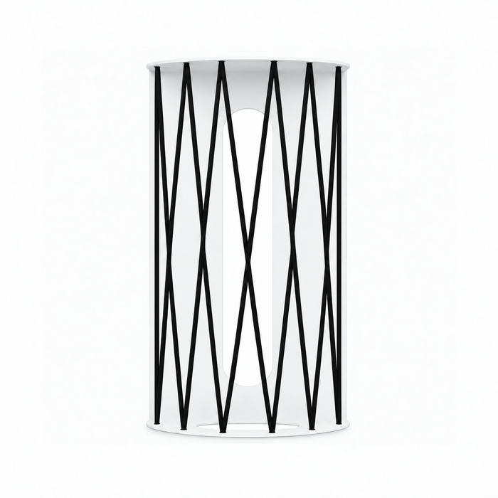 Ball Hog Basketball Shelf white cylindrical basketball display holder with black geometric metal supports