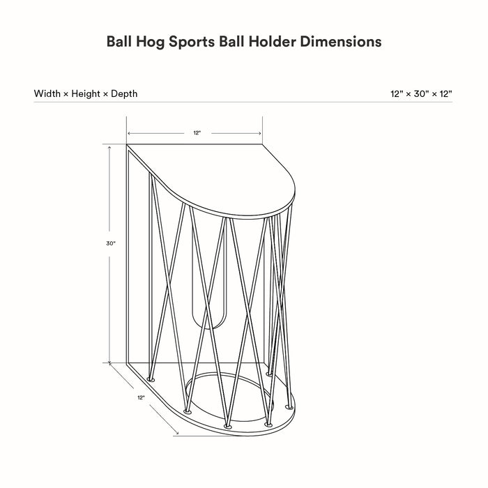 Technical line drawing of Ball Hog Basketball Shelf showing width 12 inches, height 30 inches, and depth 12 inches with metal wire cage design for wall mounting.