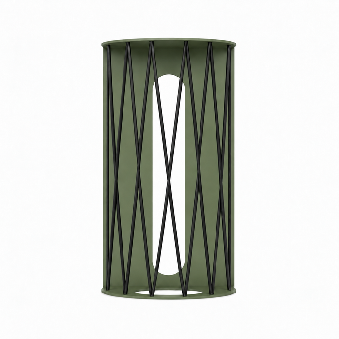 Ball Hog Basketball Shelf dark green metal basketball display rack with open vertical slats and circular base