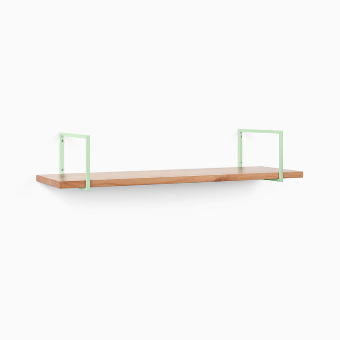 Bart Alder Wall Shelf with natural alder wood and light green metal floating shelf brackets for clean, modern wall storage