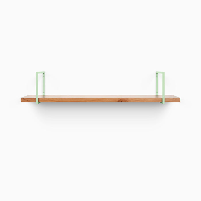 Bart Alder Wall Shelf with natural alder wood and light green metal floating shelf brackets for stylish wall storage