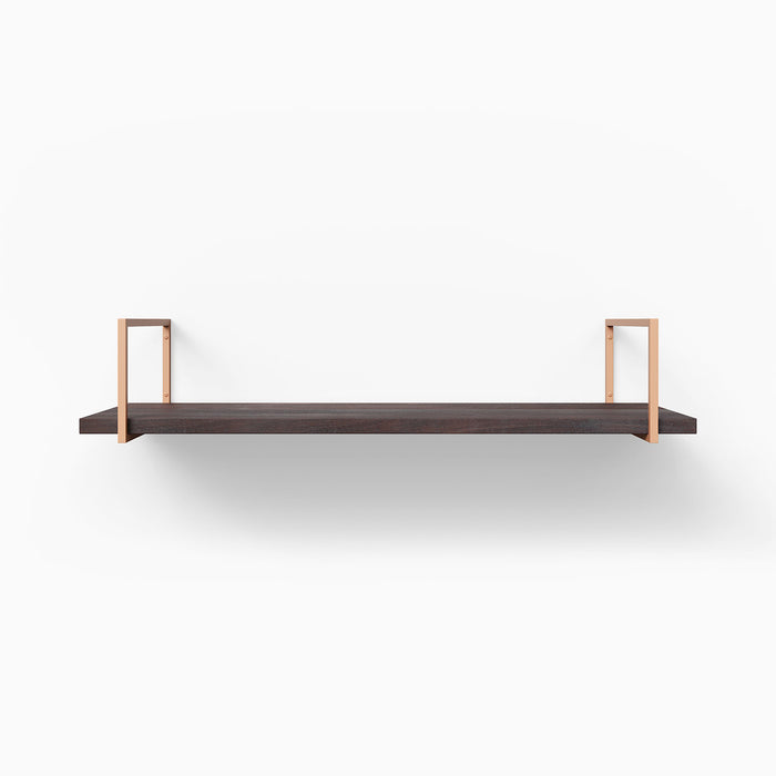 Bart Dutch Mocha Wall Shelf with smooth mocha wood and minimalist copper metal floating shelf brackets for sleek display and organization