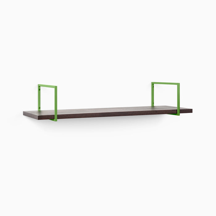 Bart Dutch Mocha Wall Shelf with smooth mocha wood and vibrant green metal floating shelf brackets for modern display and organization