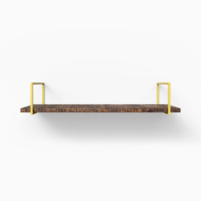 Bart Espresso Rustic Wall Shelf with textured dark wood and brass metal floating shelf brackets for elegant wall display and organization