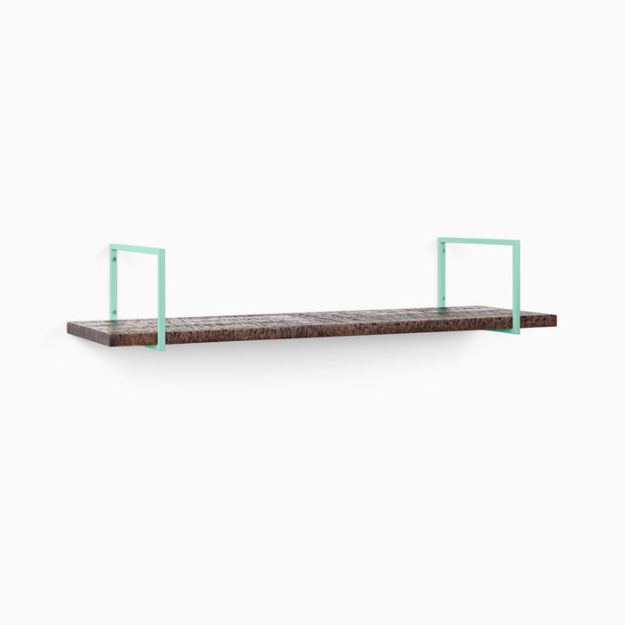 Bart Espresso Rustic Wall Shelf with textured dark wood and teal metal floating shelf brackets for modern wall display