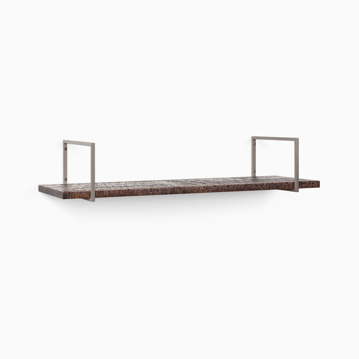 Bart Espresso Rustic Wall Shelf with textured dark wood and stainless steel floating shelf brackets for durable organization