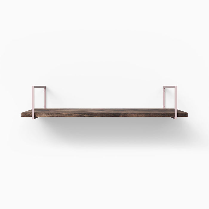 Bart Espresso Wall Shelf with textured dark wood and sleek light pink metal floating shelf brackets for modern display