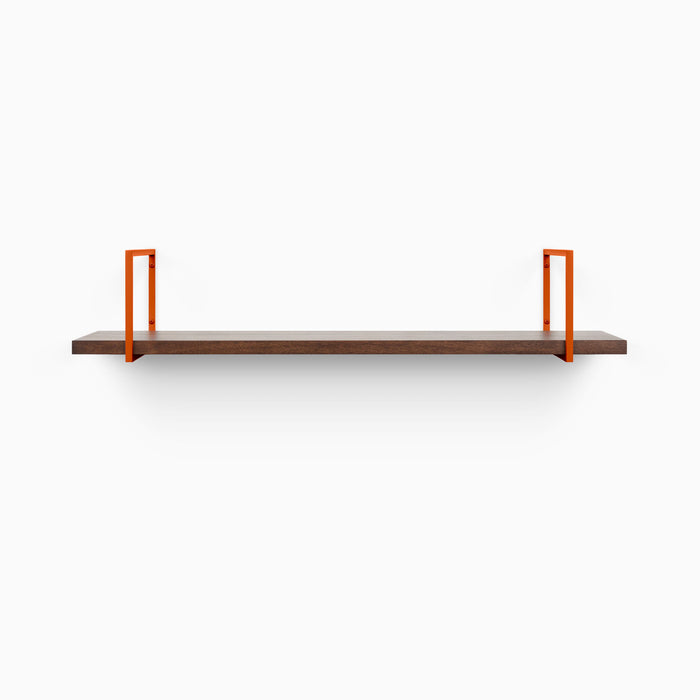 Bart Espresso Wall Shelf with dark textured wood and vibrant orange metal floating shelf brackets for modern organization