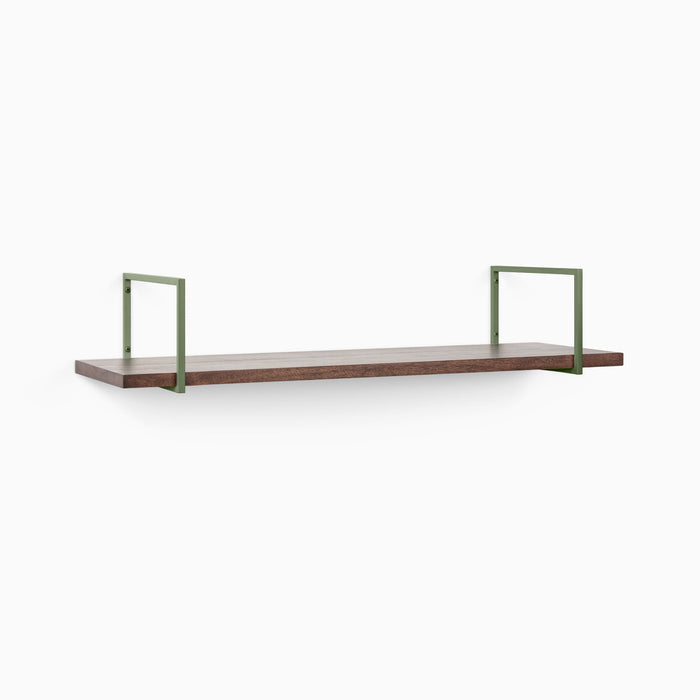 Bart Espresso Wall Shelf with textured dark wood and olive green metal floating shelf brackets for sleek organization