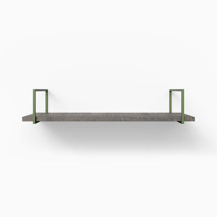 Bart Hatch Grey Rustic Wall Shelf with textured grey wood and sturdy olive green metal floating shelf brackets for modern display