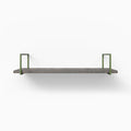 Bart Hatch Grey Rustic Wall Shelf with textured grey wood and sturdy olive green metal floating shelf brackets for modern display