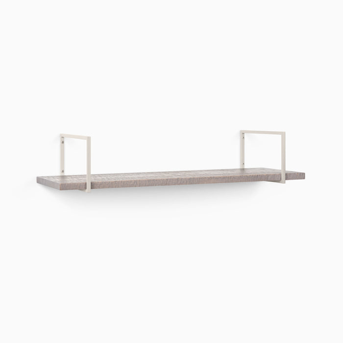 Bart Hatch Grey Rustic Wall Shelf with textured grey wood and rust-resistant stainless steel floating shelf brackets for minimalist display