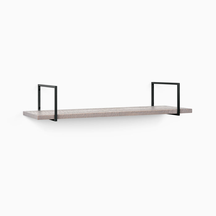 Bart Hatch Grey Rustic Wall Shelf with textured grey wood and sleek black metal floating shelf brackets for minimalist wall display