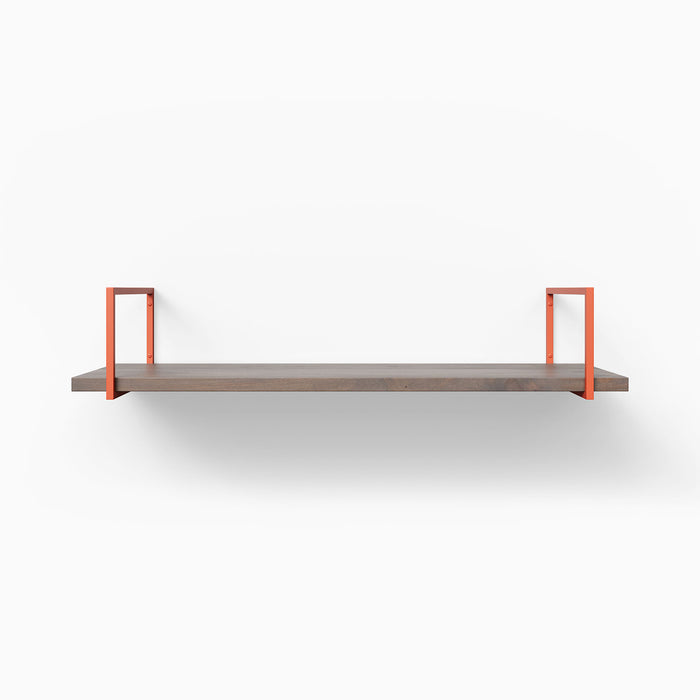 Bart Hatch Grey Wall Shelf with smooth textured grey wood and vibrant orange metal floating shelf brackets for modern display