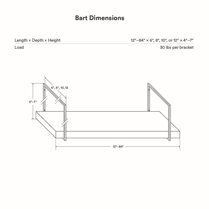 Bart Tungsten Wall Shelf dimension diagram showing adjustable length, depth, height, and load capacity per bracket.