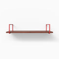 Bart Mahogany Wall Shelf with rich mahogany wood and vibrant red metal floating shelf brackets for stylish wall display and organization