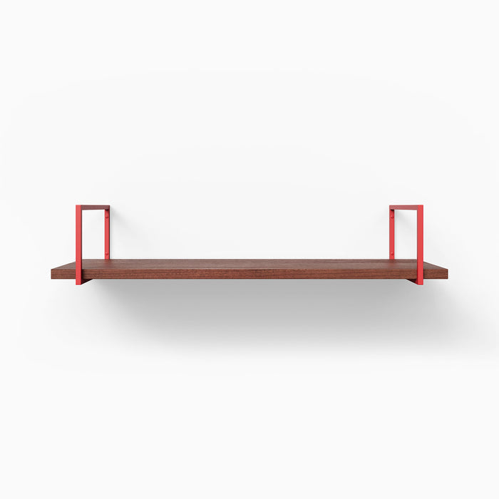 Bart Mahogany Wall Shelf with rich mahogany wood and vibrant red metal floating shelf brackets for stylish wall display and organization