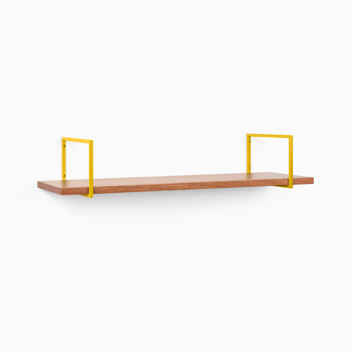 Bart Mahogany Wall Shelf featuring rich mahogany wood and vibrant yellow metal floating shelf brackets for stylish display.