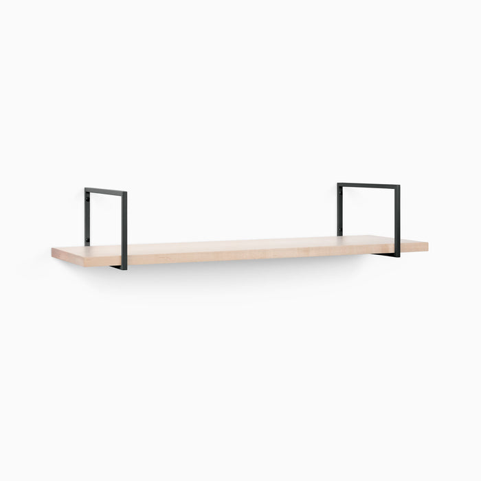 Bart Maple Wall Shelf with light maple wood and sleek matte black metal floating shelf brackets for minimalist wall display