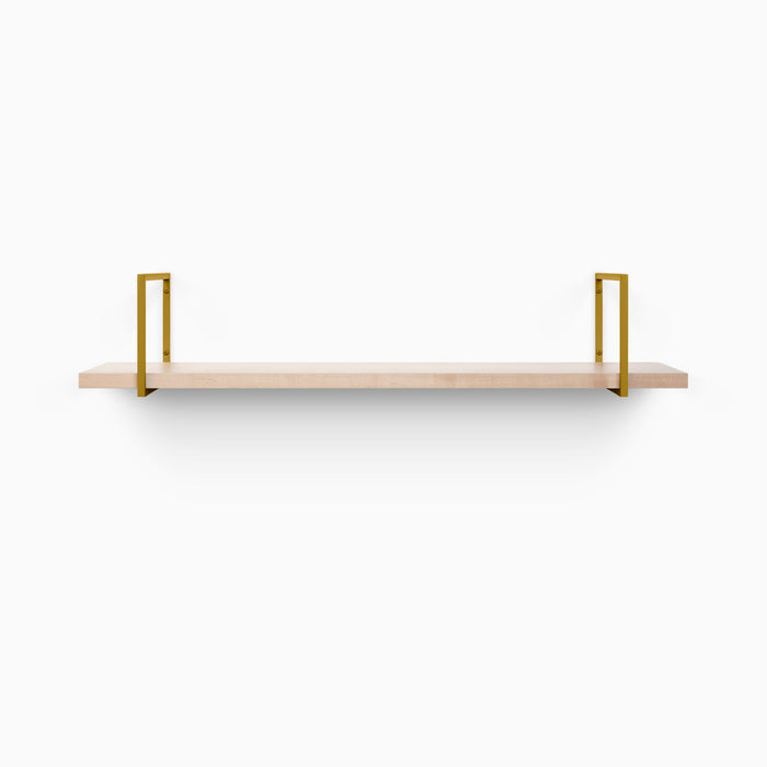 Bart Maple Wall Shelf with light maple wood and minimalist gold metal floating shelf brackets for elegant wall display