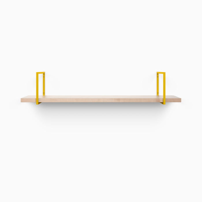 Bart Maple Wall Shelf with light maple wood and vibrant yellow metal floating shelf brackets for modern display and organization