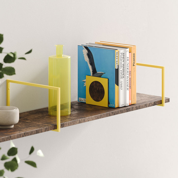 Bart Nutmeg Rustic Wall Shelf with warm nutmeg wood and vibrant yellow metal floating shelf brackets for modern display and organization