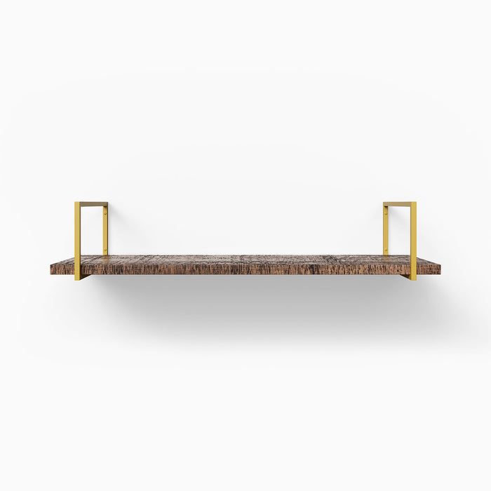 Bart Nutmeg Rustic Wall Shelf with warm wooden plank and minimalist gold metal floating shelf brackets by Shelfology